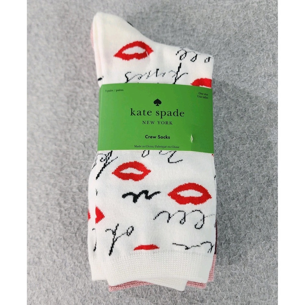 Kate Spade New York 3 Pairs Crew Socks Women 4-10 Multicolor Hearts Lips Stripes